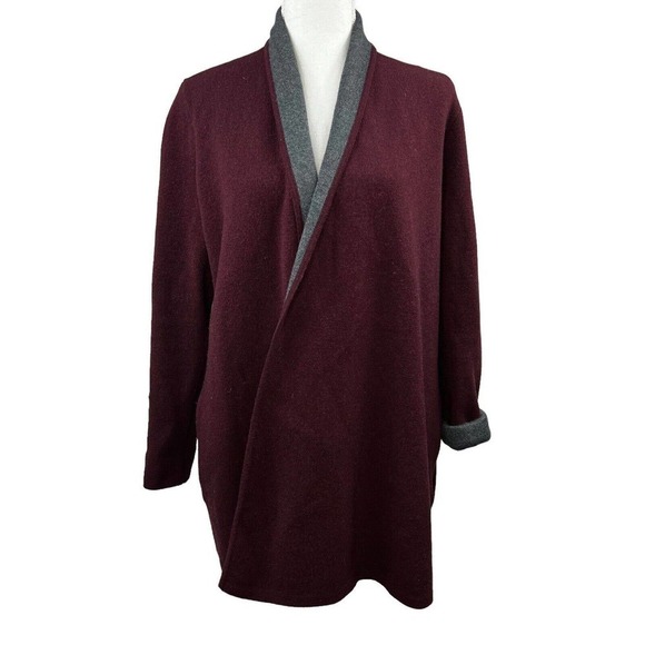 Ann Taylor Loft Maroon Gray Wool Blend Open Cardigan XS Sweater Jacket - Picture 2 of 14